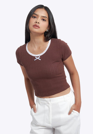 Lace Trim Pointelle Fitted Top