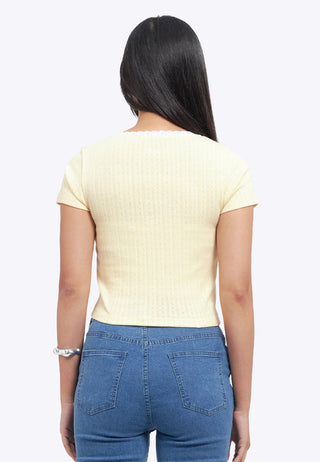 Lace Trim Pointelle Fitted Tee