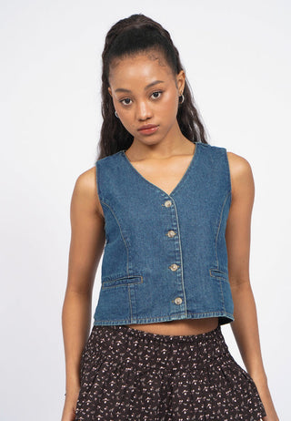 V-Neck Cropped Denim Vest