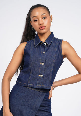 Crop Denim Vest with Collar