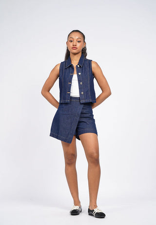 Crop Denim Vest with Collar