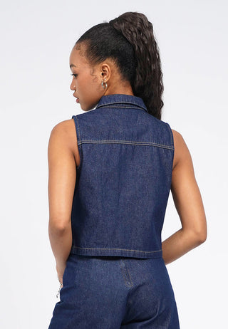 Crop Denim Vest with Collar