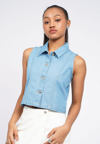 Crop Denim Vest with Collar