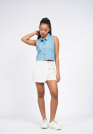 Crop Denim Vest with Collar