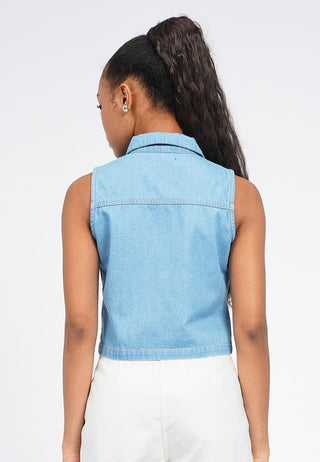 Crop Denim Vest with Collar