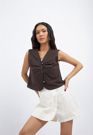 V-Neck Gathered Details Vest
