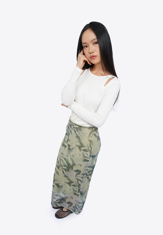 Printed Mesh Midi Skirt