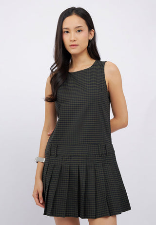 Sleeveless Pleated Check Mini Dress