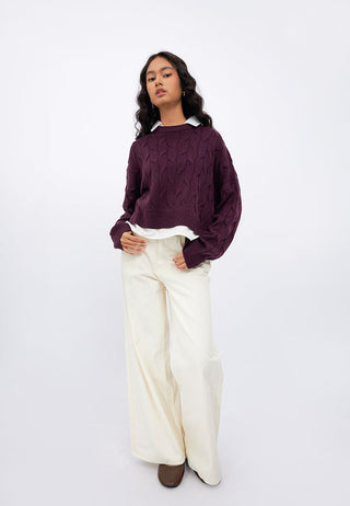 Contrast Collar Cable Knit Sweater