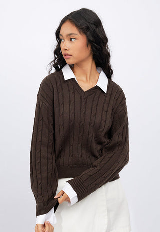 Contrast Collar Cable Knit Sweater