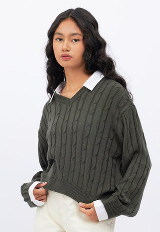 Contrast Collar Cable Knit Sweater