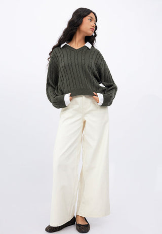Contrast Collar Cable Knit Sweater