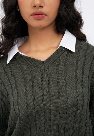 Contrast Collar Cable Knit Sweater