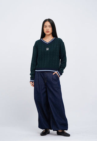 Contrast V-Neck Long Sleeve Sweater