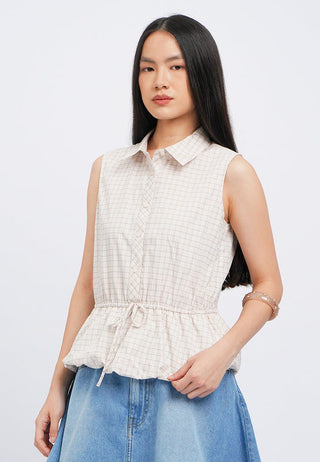 Bubble Hem Sleeveless Check Blouse