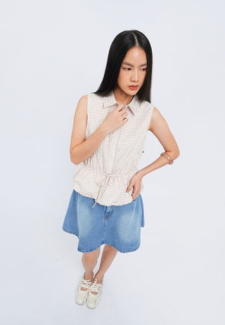 Bubble Hem Sleeveless Check Blouse