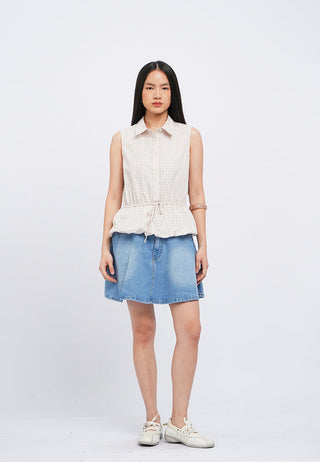 Bubble Hem Sleeveless Check Blouse