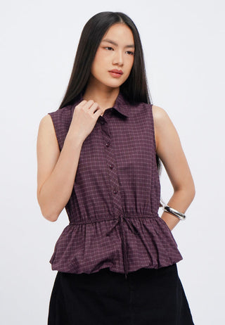 Bubble Hem Sleeveless Check Blouse