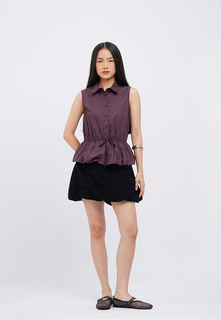Bubble Hem Sleeveless Check Blouse