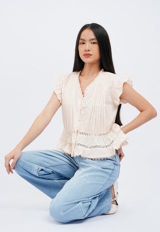 Lace Details V-Neck Short Sleeve Blouse