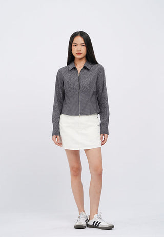 Fitted Long Sleeve Zipper Check Shirt