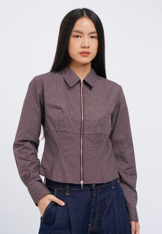 Fitted Long Sleeve Zipper Check Shirt
