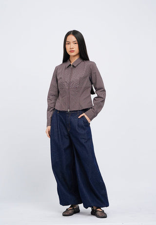 Fitted Long Sleeve Zipper Check Shirt