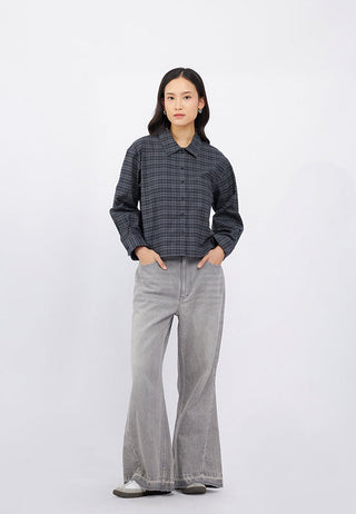 Long Sleeve Flannel Semi Crop Shirt