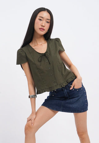 Puff Sleeves Blouse with Ruffled Hem