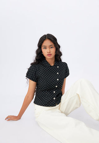Asymmetric Button Puff Sleeve Blouse