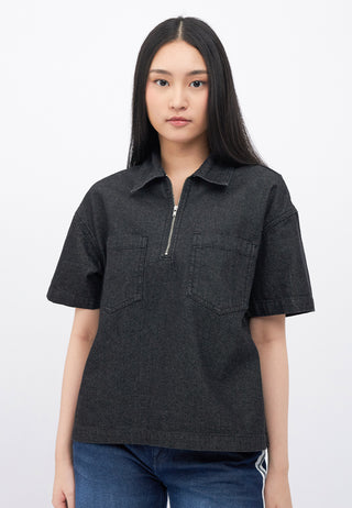 Half Zip Short Sleeve Denim Shirt