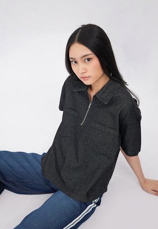 Half Zip Short Sleeve Denim Shirt