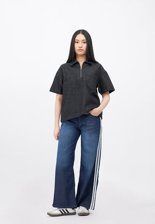 Half Zip Short Sleeve Denim Shirt