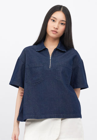 Half Zip Short Sleeve Denim Shirt