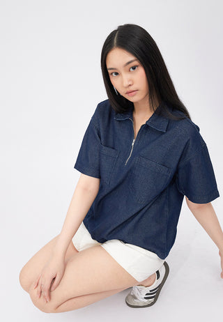 Half Zip Short Sleeve Denim Shirt