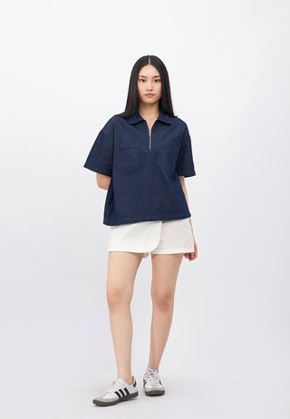Half Zip Short Sleeve Denim Shirt