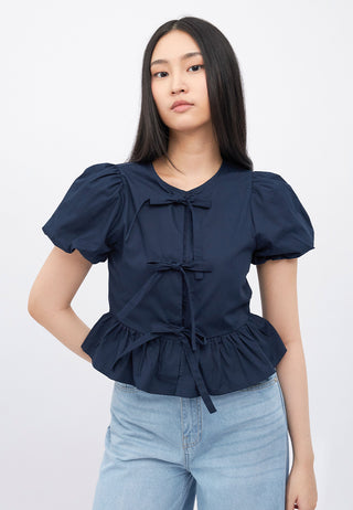 Puff Sleeves Peplum Blouse with Tie