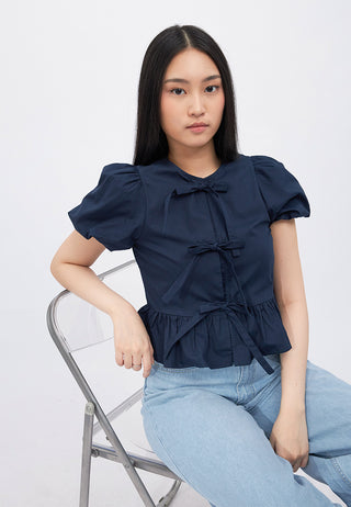 Puff Sleeves Peplum Blouse with Tie