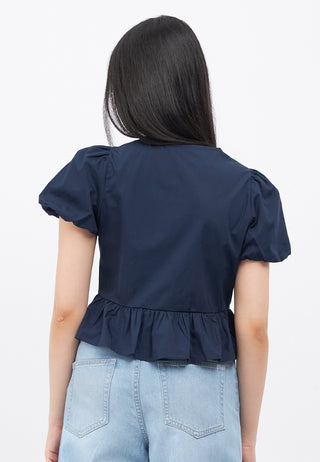 Puff Sleeves Peplum Blouse with Tie