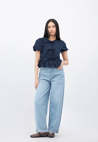 Puff Sleeves Peplum Blouse with Tie