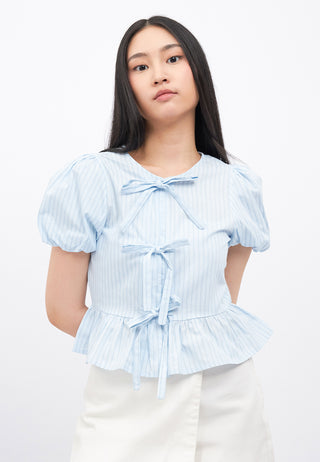 Puff Sleeves Peplum Blouse with Tie