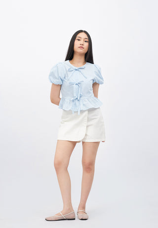 Puff Sleeves Peplum Blouse with Tie