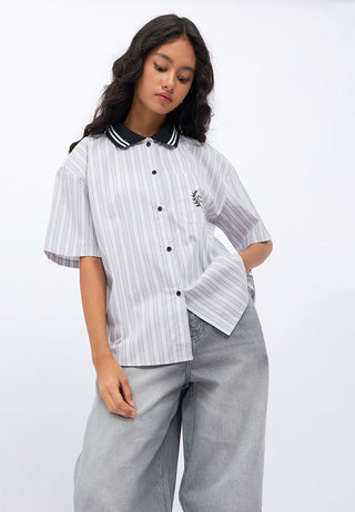 Contrast Collar Oversized Stripes Shirt