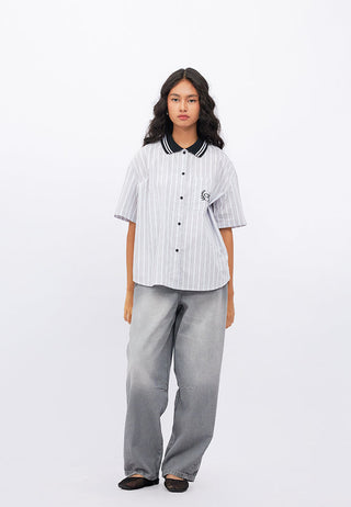 Contrast Collar Oversized Stripes Shirt