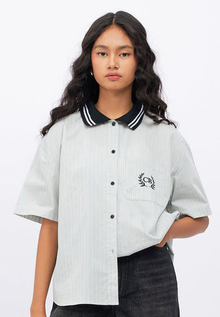 Contrast Collar Oversized Stripes Shirt