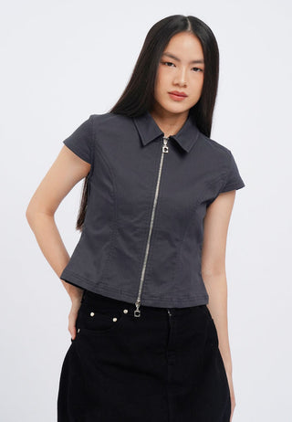 Short Sleeve Fitted Zip Up Blouse