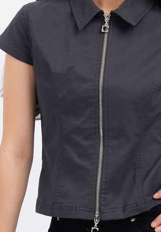 Short Sleeve Fitted Zip Up Blouse