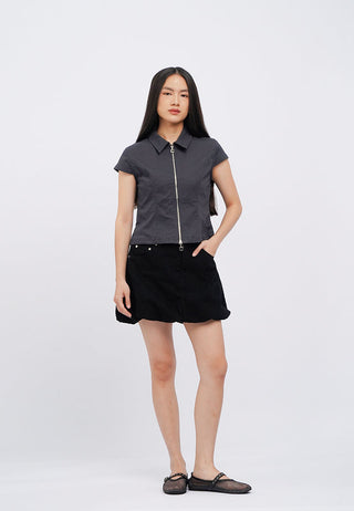 Short Sleeve Fitted Zip Up Blouse