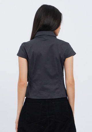 Short Sleeve Fitted Zip Up Blouse