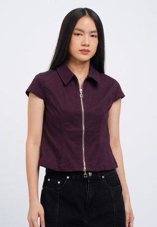 Short Sleeve Fitted Zip Up Blouse